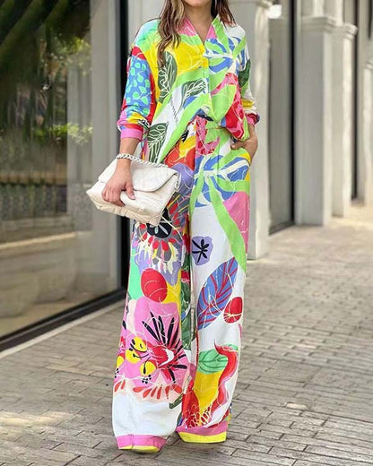 Wome's Temperament Lapel Long Sleeve Printed Loose Shirt High Waist Wide Leg Pants Set