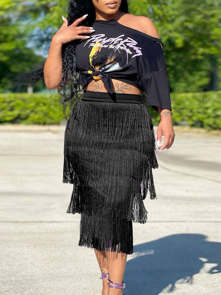 High Waisted Fringe Skirt