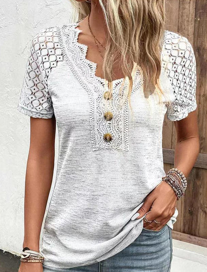 Women's Lace Trim V Neck Loose Button Top