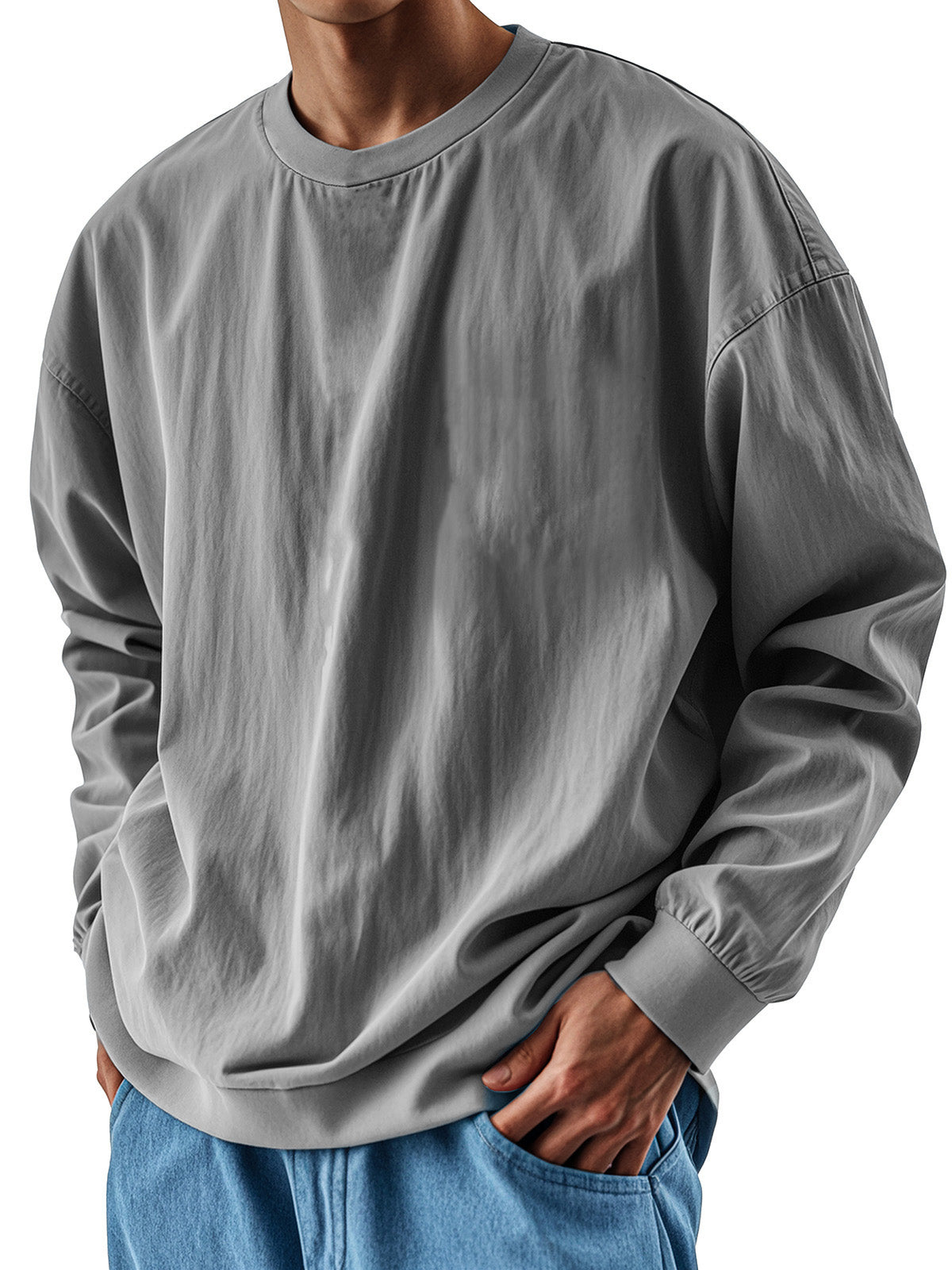 Men's Retro Fashion Pleated Round Neck Long Sleeve T-Shirt