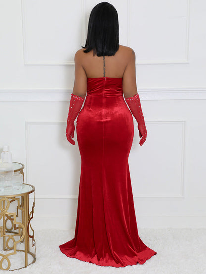 Women's Velvet Rhinestone Slit Dress