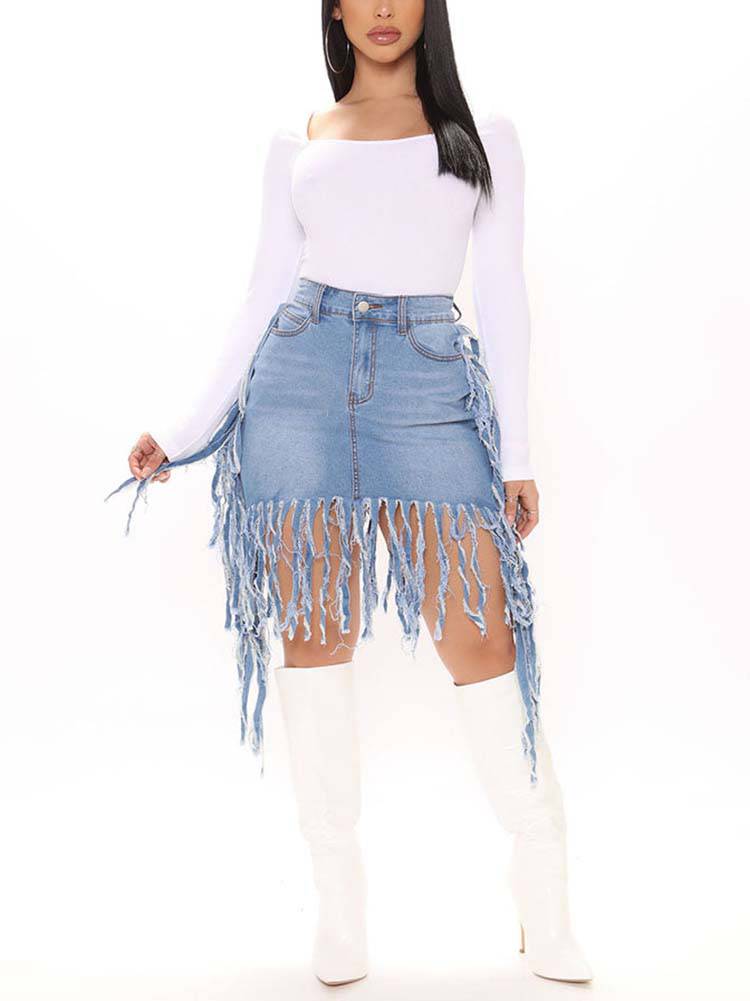 Fringe Denim Mini Skirt