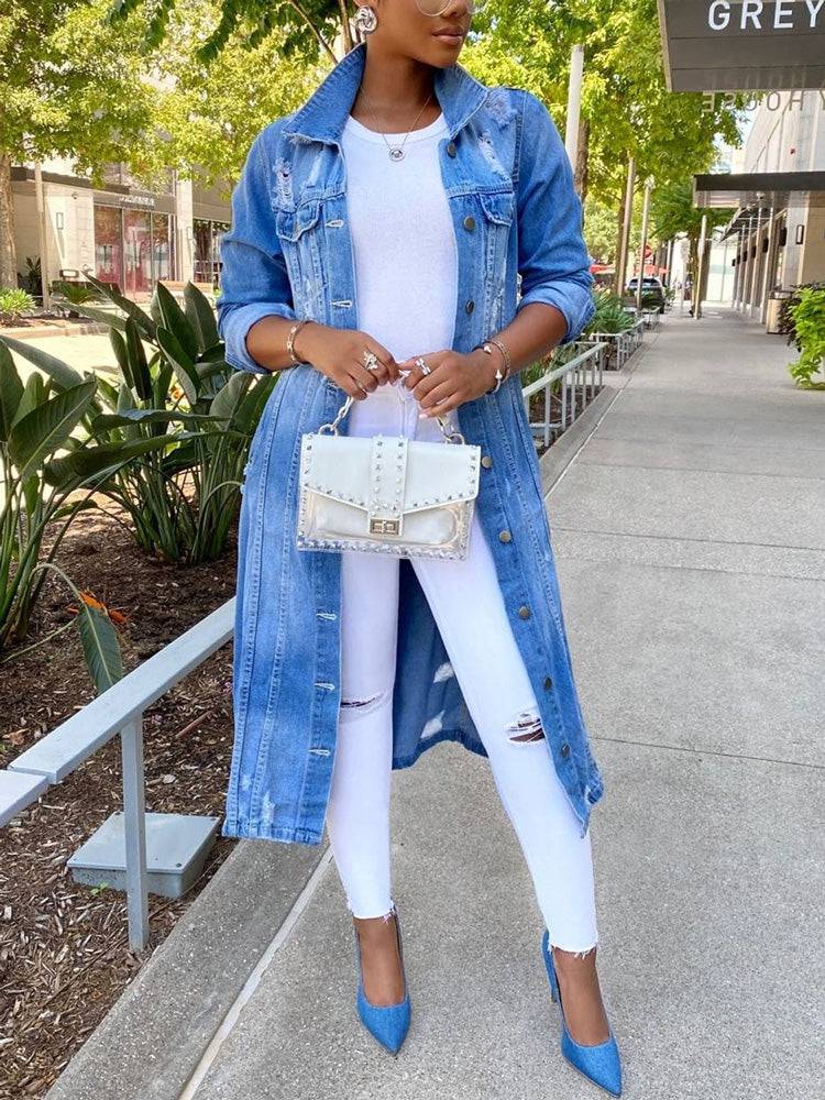 Turndown Collar Ripped Denim Coats