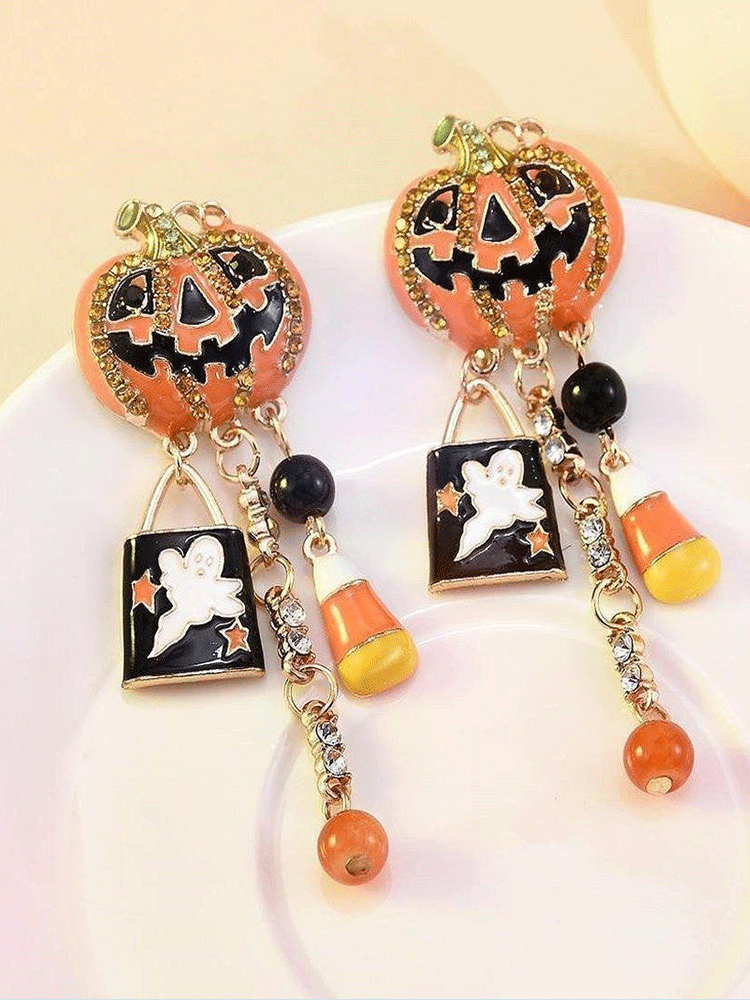 Women's Halloween Pumpkin Rhinestone Earrings