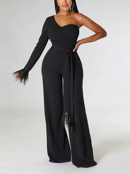 Women's One shoulder Feather Decor Jumpsuit