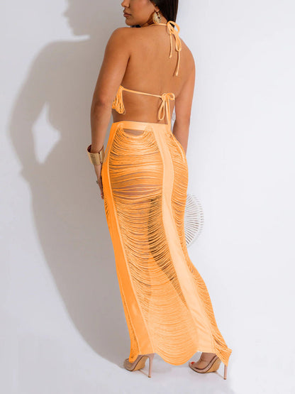 Halter Fringe Top & Skirt Set