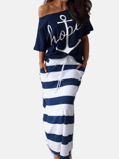 Print Off Shoulder Striped Skirt Set