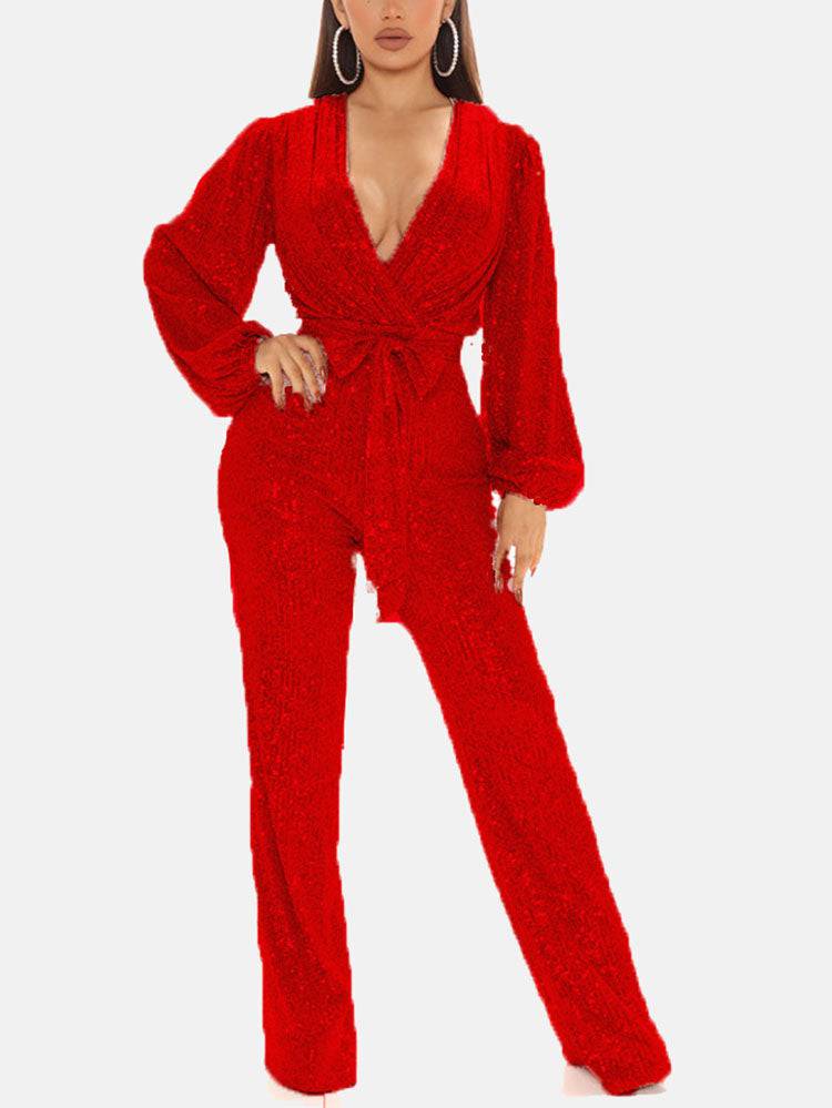 Women's Sequin Long Sleeve V Neck Jumpsuit