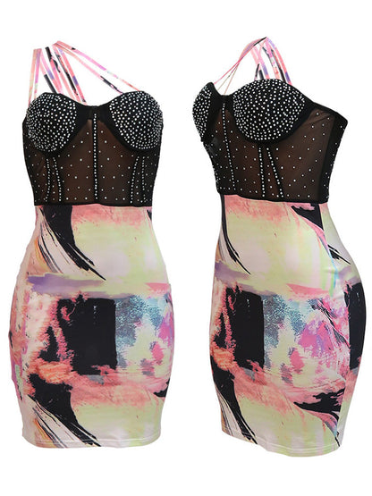 Women's Rhinestone Mesh Printed Spaghetti Strap Dress