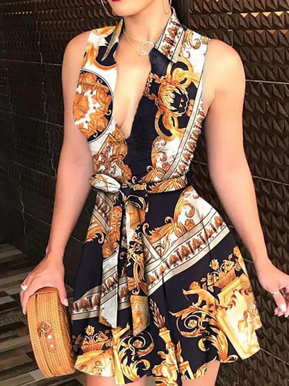 Printed V Neck Belt Dress