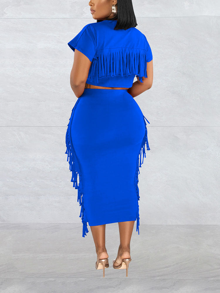 Fringe Crop Top Skirt Set