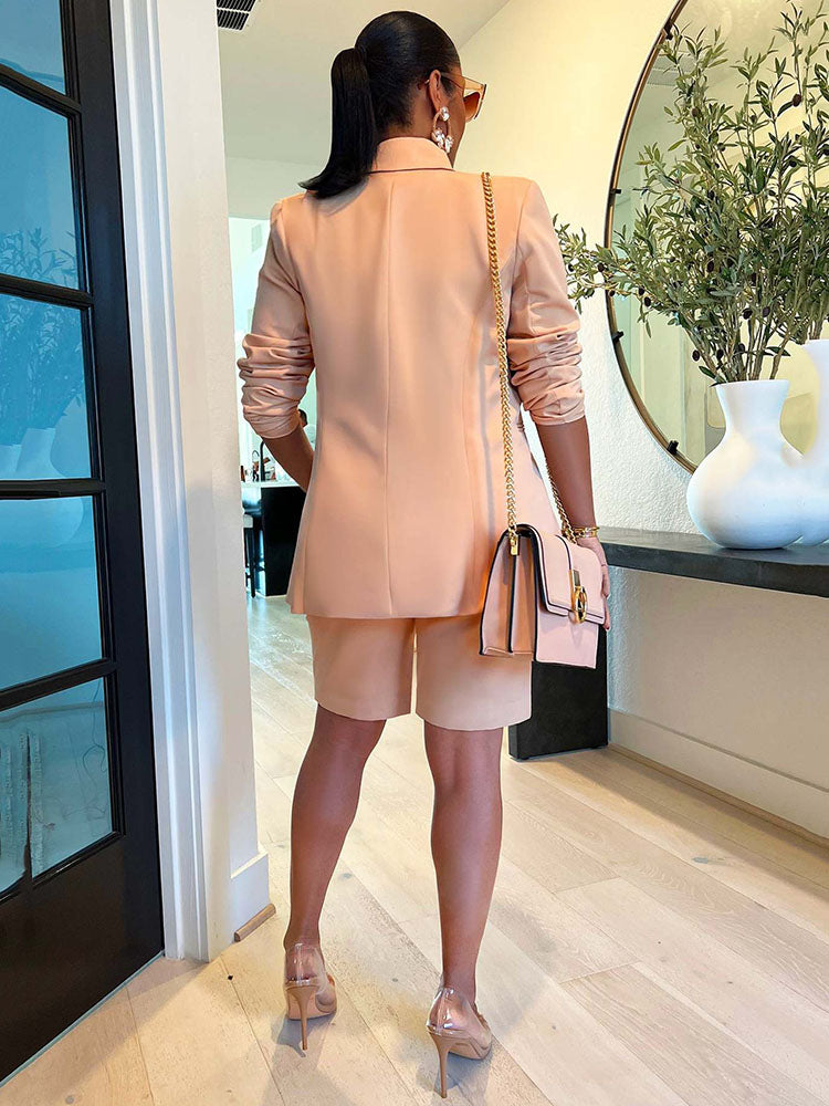 Casual Solid Lapel Collar Blazer Shorts Set