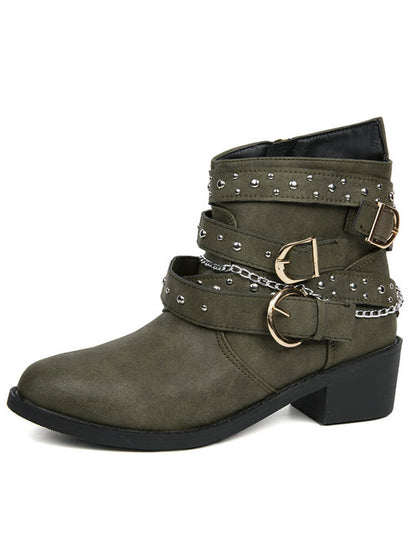 Belt Buckle Thick Heel PU Booties