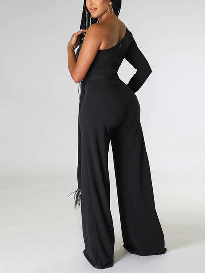 Women's One shoulder Feather Decor Jumpsuit