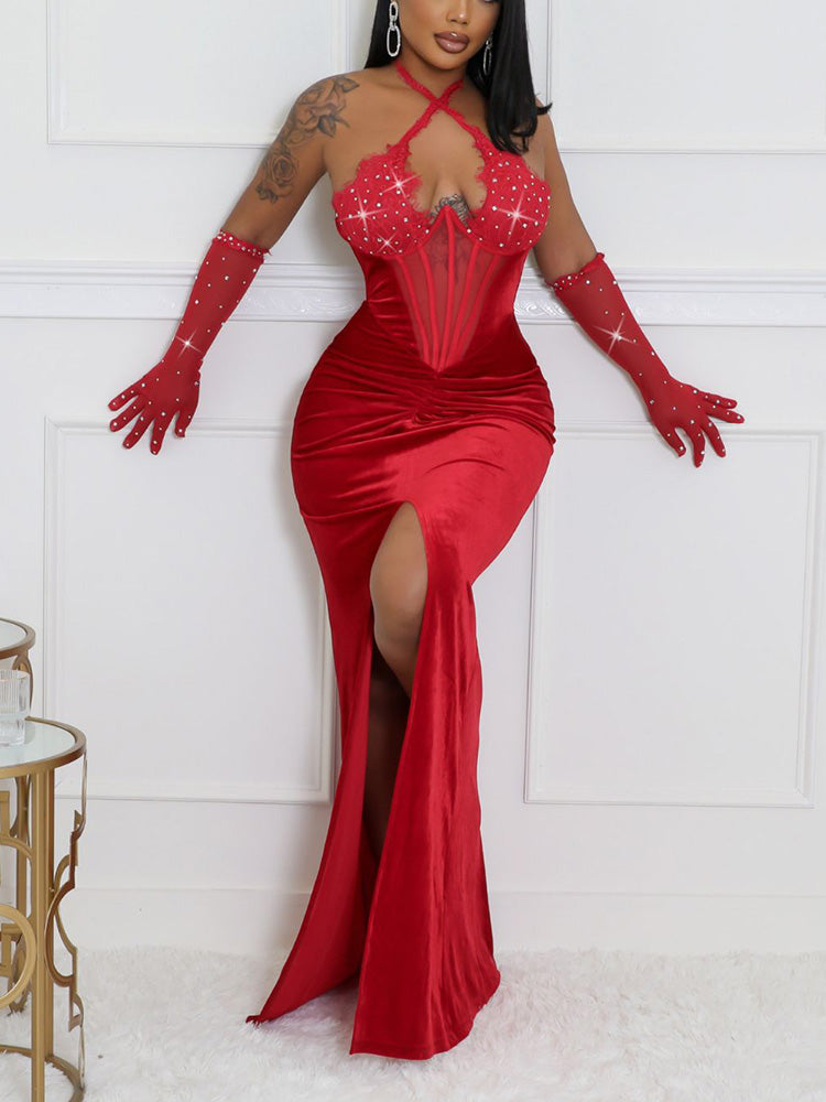 Women's Velvet Rhinestone Slit Dress