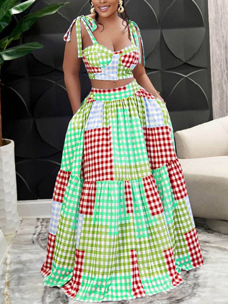 Plaid Color Block Crop Top Maxi Skirt Set