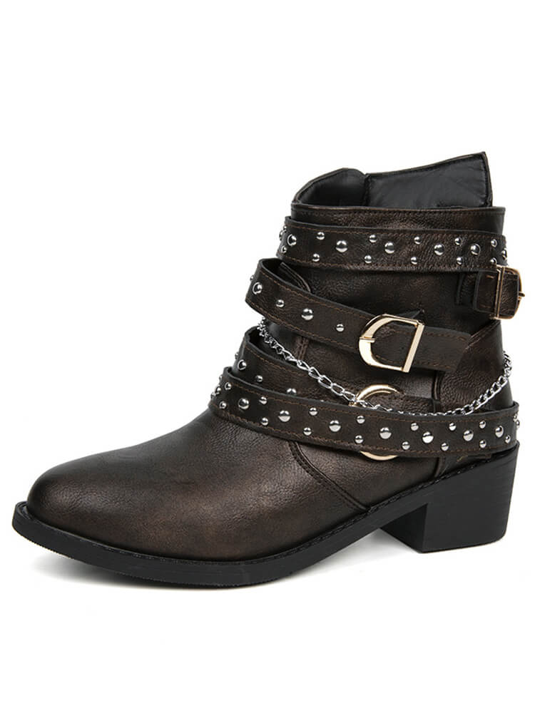 Belt Buckle Thick Heel PU Booties