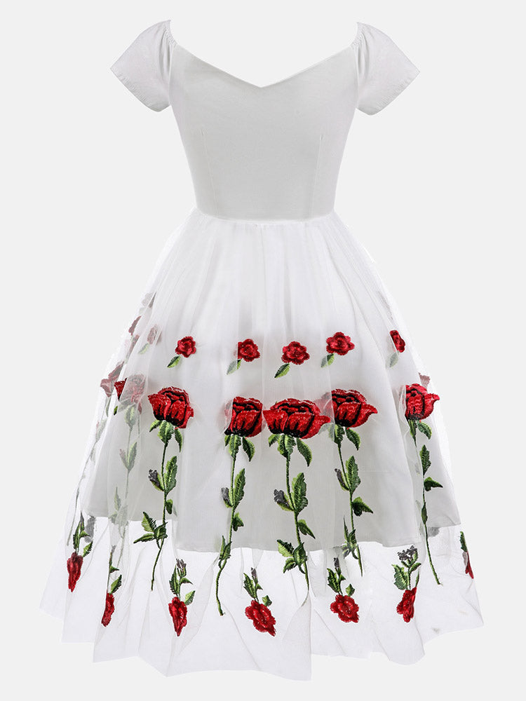 Women's Embroidered Rose Mesh Party Dress