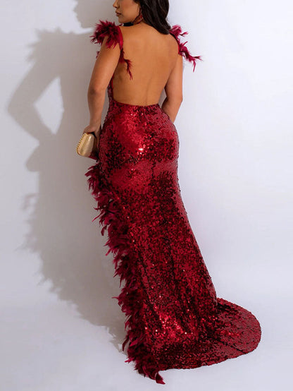 Women's Sequin Feather Slit Party Dress