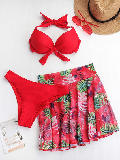 3pack Plant Print Halter Bikini Swimsuit & Skirt