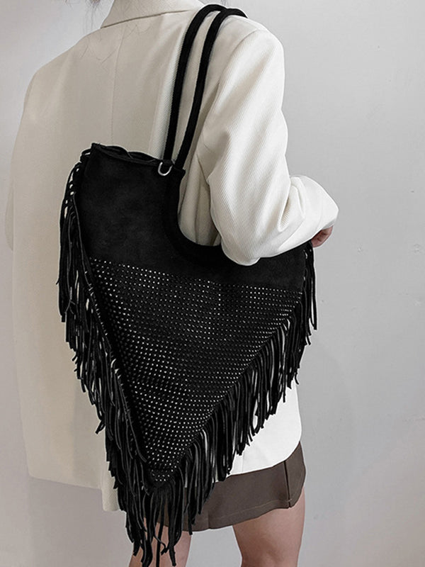Women's Rhinestone Decor Fringe Trim Shoulder Bag