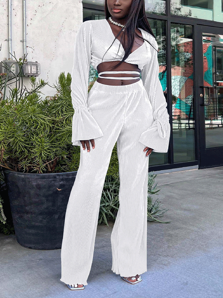 Flare Sleeve Crop Top & Wide Leg Pants