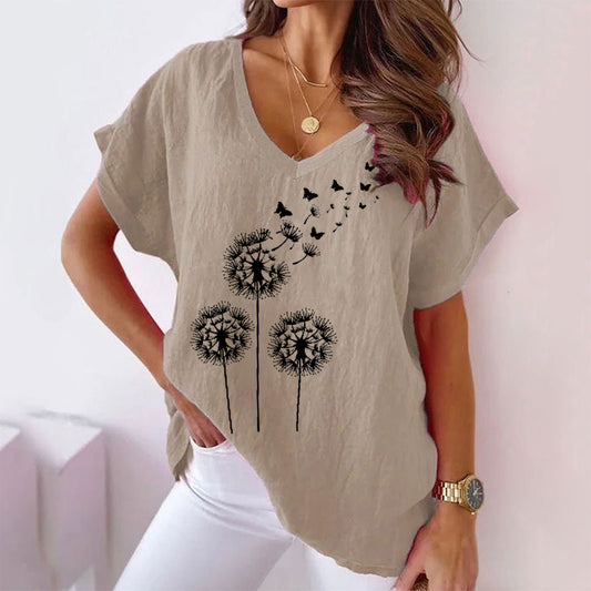 Women's Summer Dandelion Printed V-neck Casual Bat T-shirt