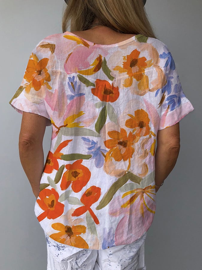 Women's Retro Floral Casual V-Neck Cotton And Linen Top