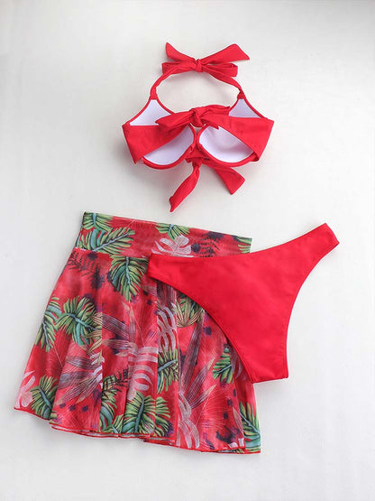 3pack Plant Print Halter Bikini Swimsuit & Skirt