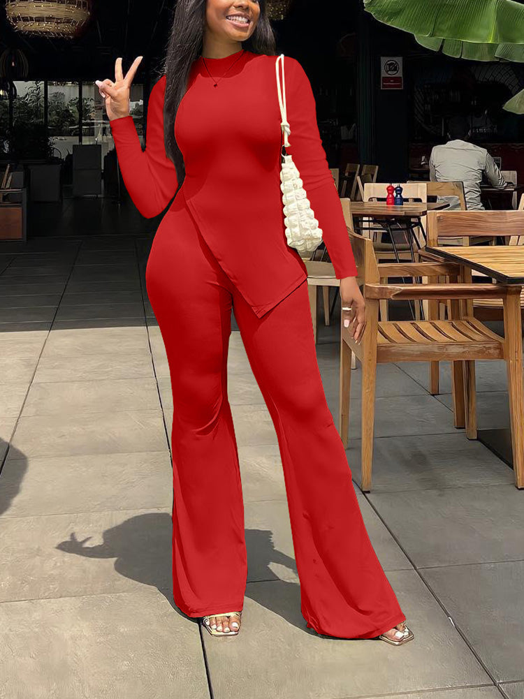 Casual Slit Top High Waist Pants Set