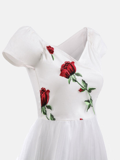 Women's Embroidered Rose Mesh Party Dress