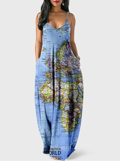 Casual Map Print Spaghetti Strap Maxi Dress