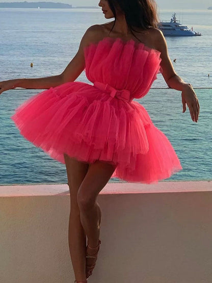 Women's Bow Decor Layered Tulle Cocktail Dress