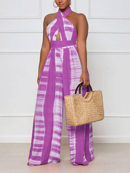 Halter Backless Printed Wide Leg Jumpsuit