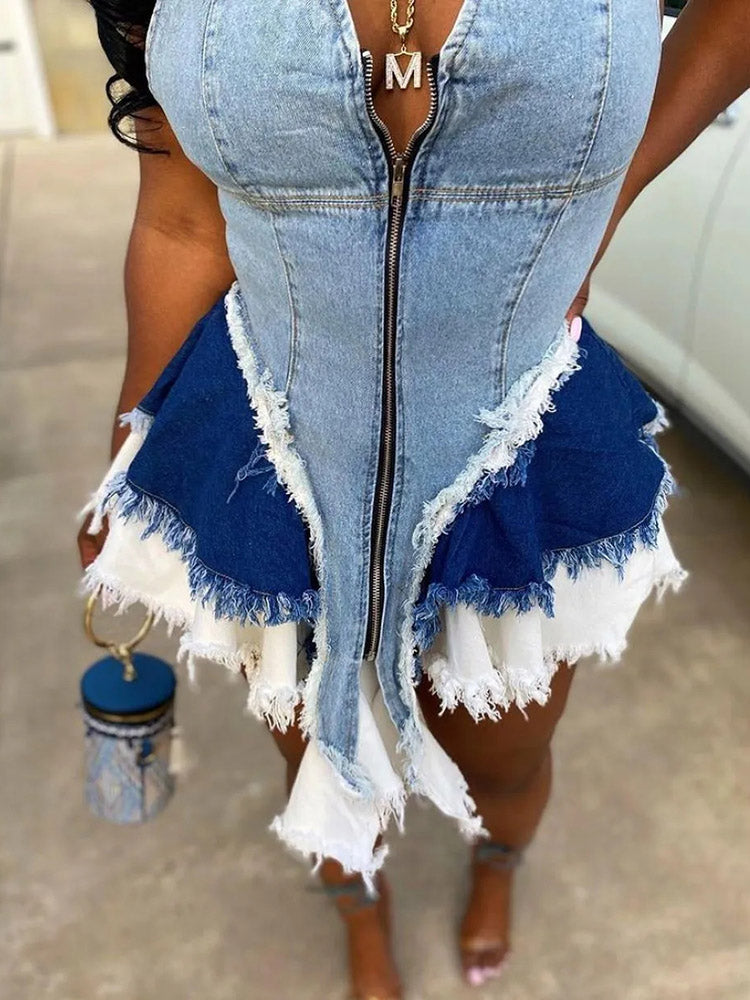 Zipper Washed Denim Top