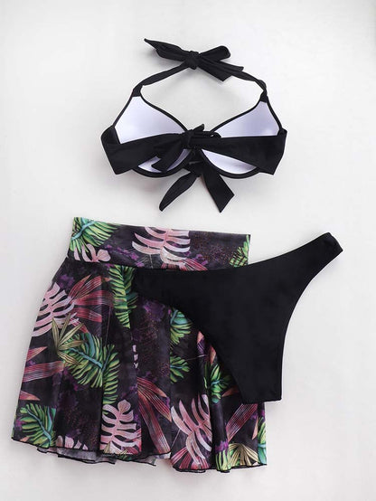 3pack Plant Print Halter Bikini Swimsuit & Skirt