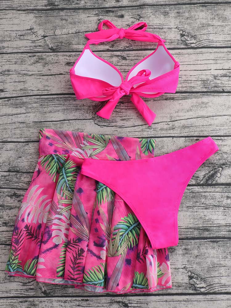3pack Plant Print Halter Bikini Swimsuit & Skirt