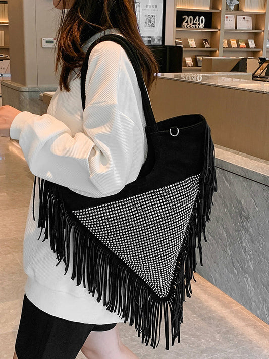 Women's Rhinestone Decor Fringe Trim Shoulder Bag