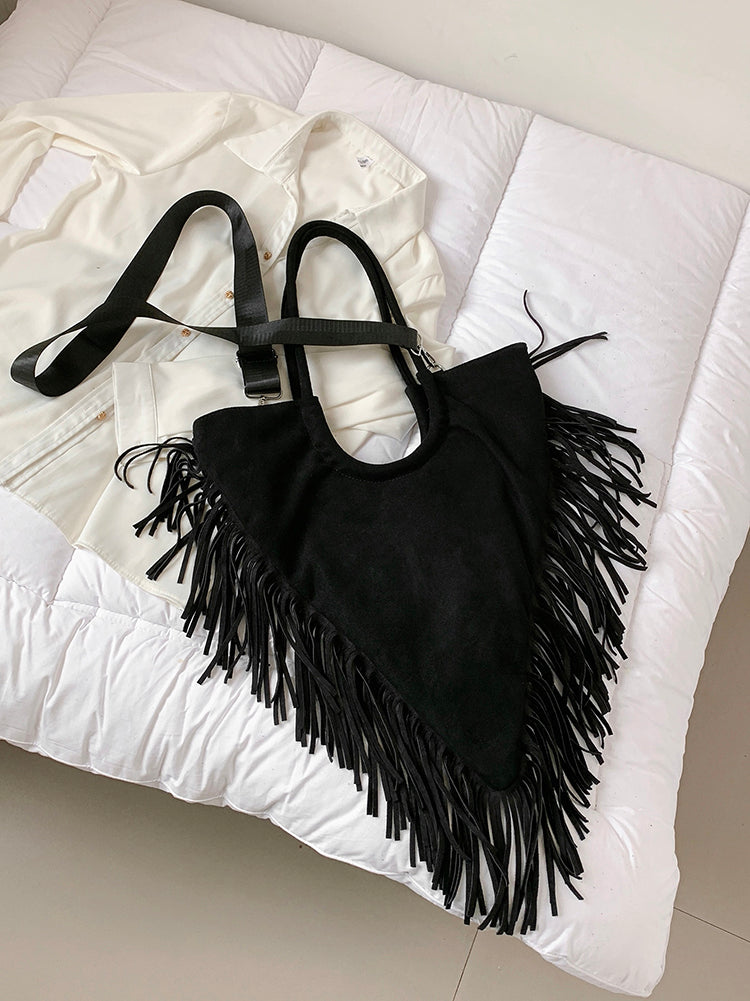 Women's Rhinestone Decor Fringe Trim Shoulder Bag