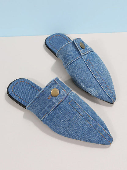 Button Decor Pointed Toe Denim Flat Slides