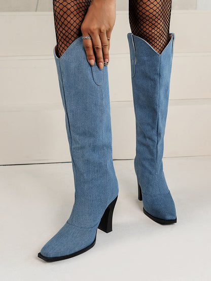 Denim Pointed-Toe Cowboy Boots