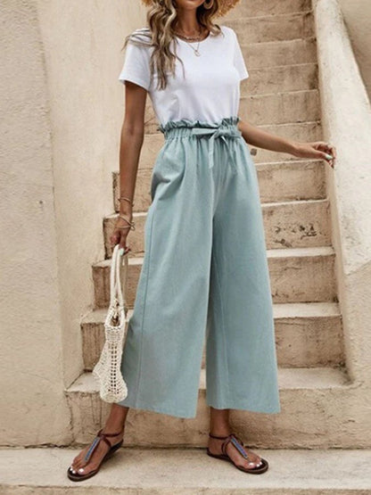 Temperament casual elastic waist cotton hemp belt wide leg pants loose capris