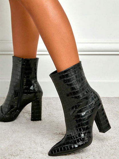 Embossed Chunky Heel Boots