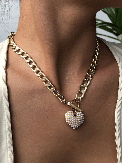 Women's Pearl Heart Chain Necklace