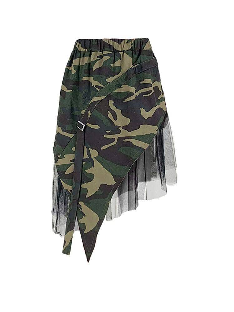 Camouflage Mesh Patchwork Irregular Skirt