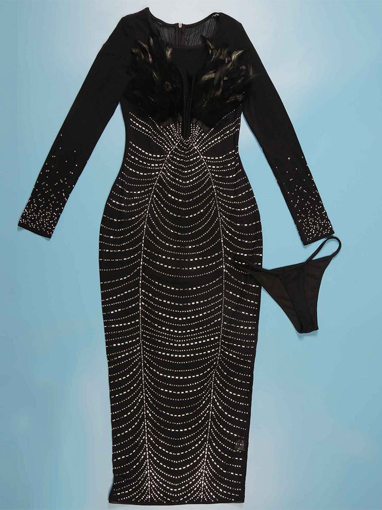 Women's Feather Rhinestone Midi Dress