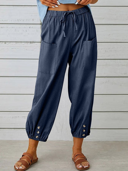 Women's Solid Color Casual With Pocket Buttons Cotton Linen Trousers