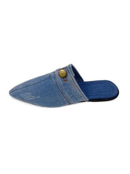 Button Decor Pointed Toe Denim Flat Slides