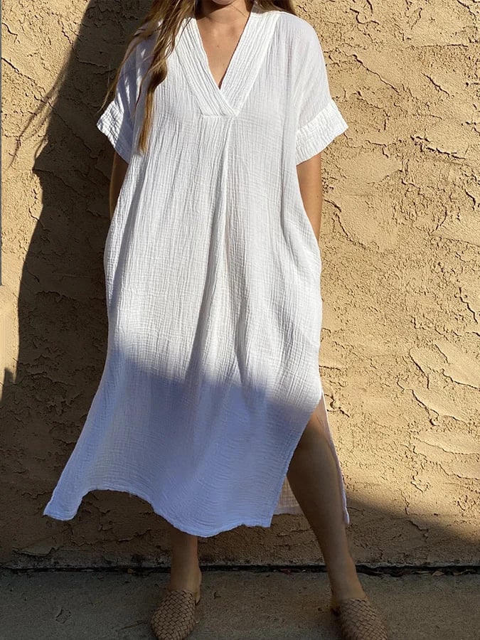 Women's Cotton V-Neck Loose Long Dress