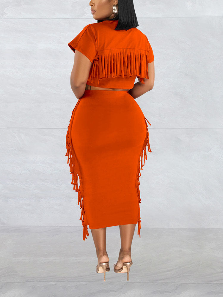 Fringe Crop Top Skirt Set